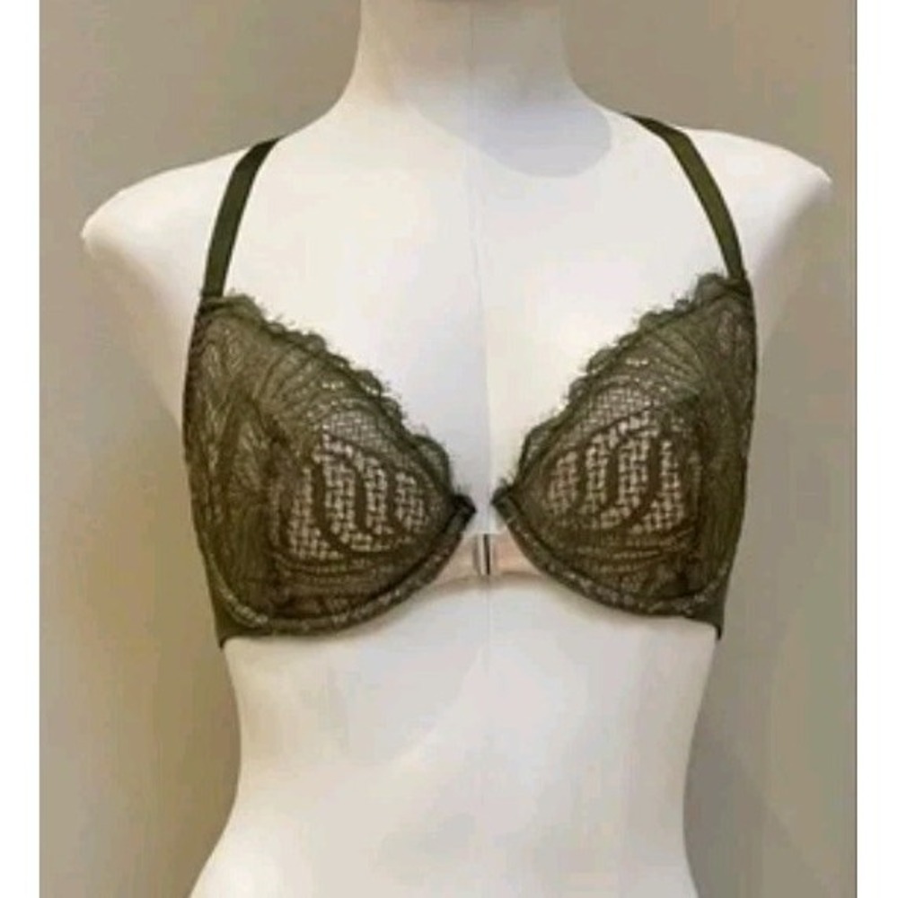 VICTORIA'S SECRET VERY SEXY Olive Green LACE RACERBACK DEMI BRA 32DD Front Close